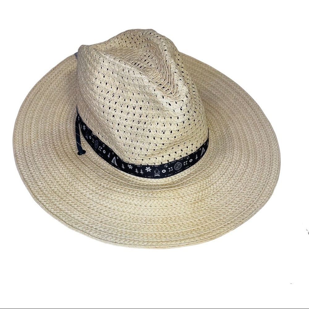 COLUMBIA Hat Straw Beach Sun Hat Natural Weave Navy Brim Band L/XL